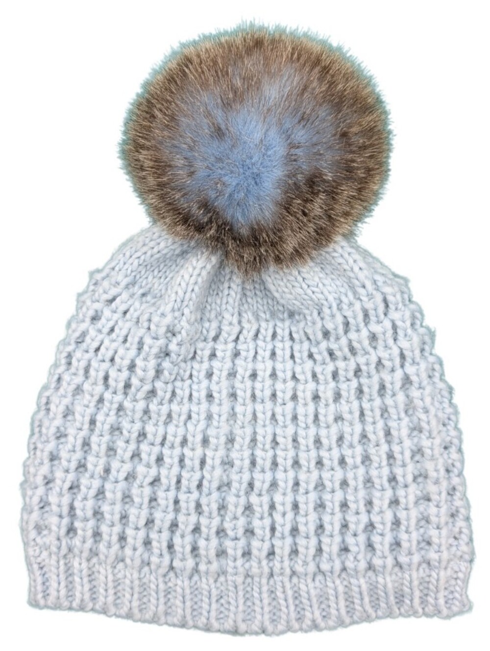 Kyi Kyi Canada Ice Blue Chunky Knit Winter Beanie Faux Fur Pom Pom OS